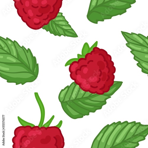 Seamless design of raspberries pattern. Wallpaper with organic berry and mint leaf. Wallpaper for vegetarian cafe. Healthy food cover. Vector