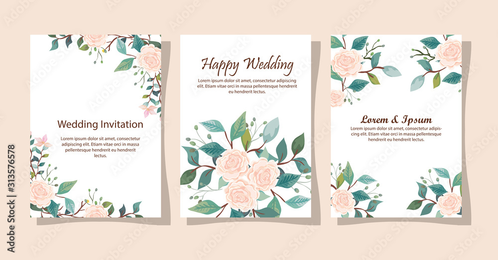 set of wedding invitation cards with flowers decoration set of wedding invitation cards with flowers decoration