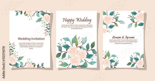 set of wedding invitation cards with flowers decoration