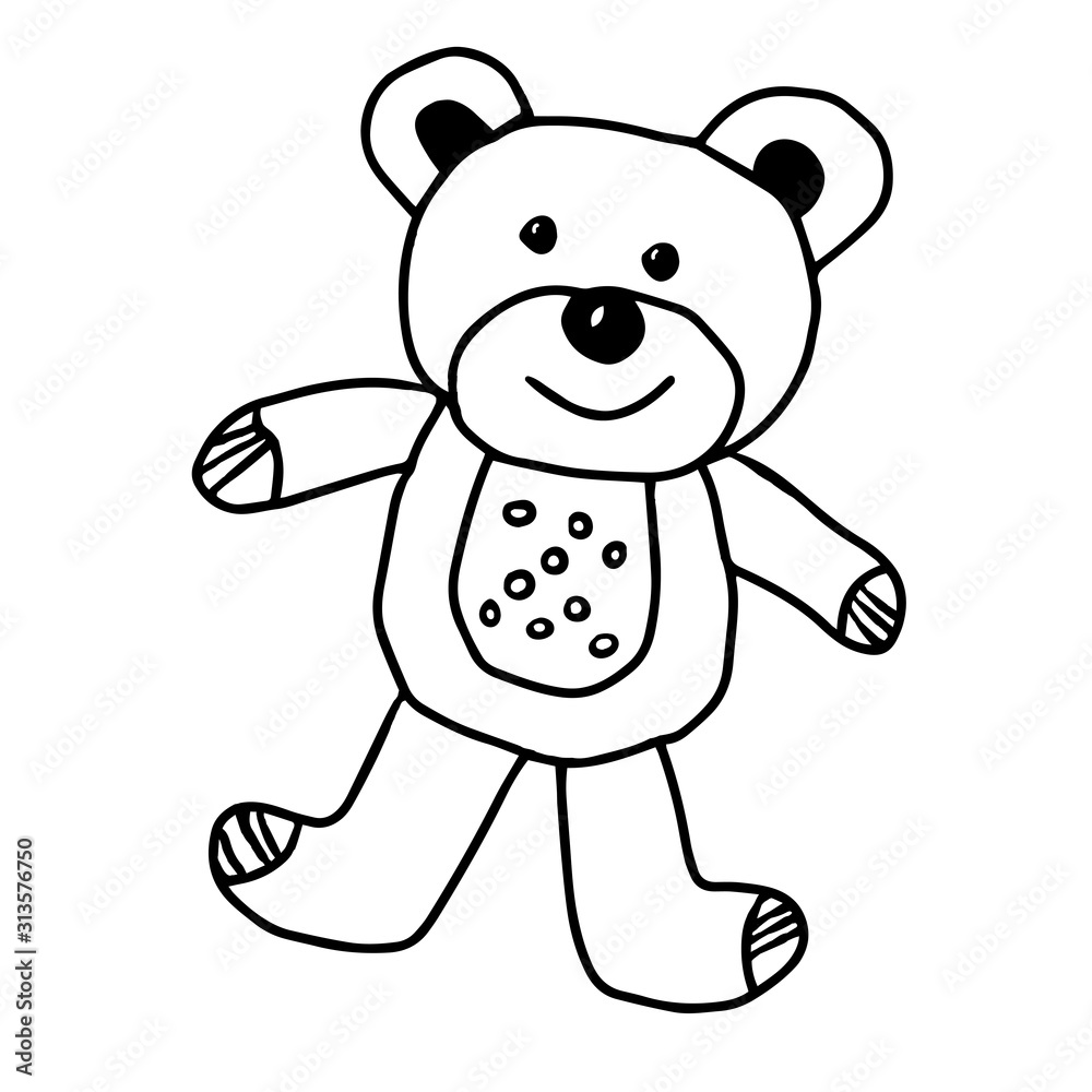 Beautiful hand-drawn vector illustration of one toy bear isolated on a white background for coloring book for children