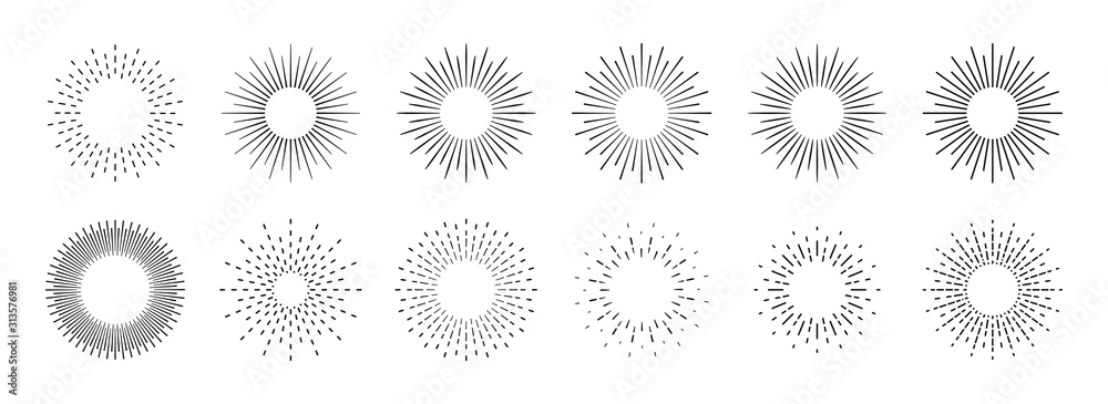 Sunburst set. Big collection sunburst best quality. Star, firework explosion, logo, emblem, tag. Web banner. Vector Illustration.