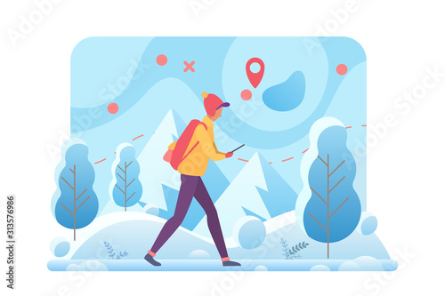 Winter hiking flat vector template. Trekking tour and walking tourism in cold winter mountains cartoon concept. Outdoor activities. Man walking in forest with navigation
