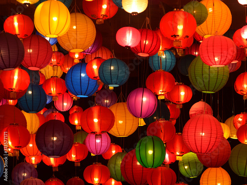 Chinese lanterns during new year festival Chinese new year lanterns in chinatown  firecracker celebration for background