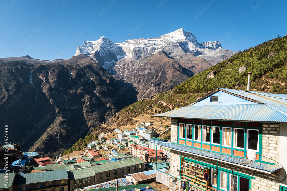 View of the famous Namche Bazar village in the heart of the Khumbu region, on the way to Everest base camp trek, in the Himalaya in Nepal