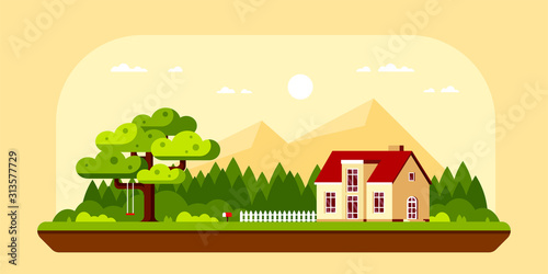 Family suburban cottage house, Flat design illustration.