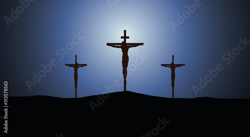 Crucifixion of Jesus Christ on the cross at sunset. Sun Rays.Vector Illustration