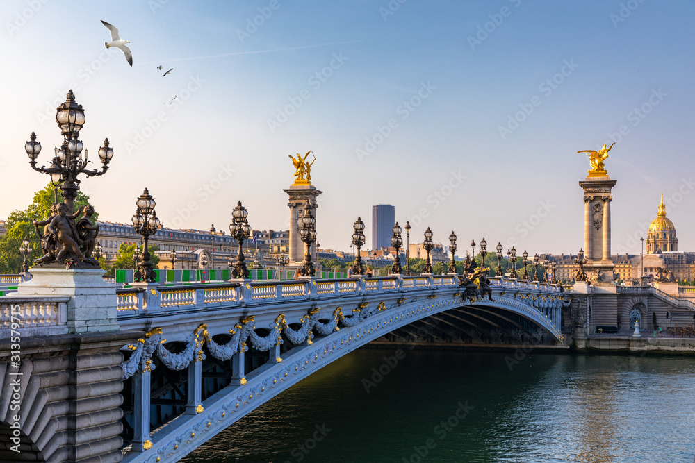 Pont Alexandre III bridge over river Seine in the sunny summer morning ...