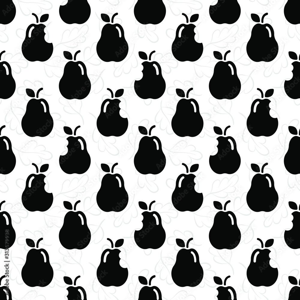 Vector seamless pattern with black pear icons; seamless background with falling leaves; fruity design for fabric, wallpaper, wrapping paper, package, tablecloth, web design.