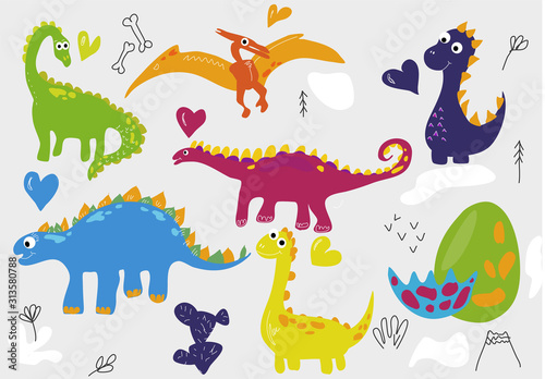 Cutte. Funny cartoon dinosaur icon set vector