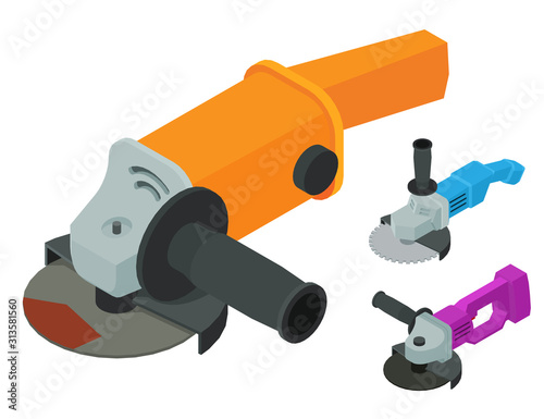 Angle grinder icons set. Isometric set of angle grinder vector icons for web design isolated on white background
