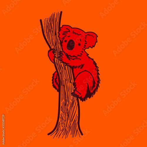 vector illustration of a sad koala bear, in hot colour theme, represent wild fire in Australia.