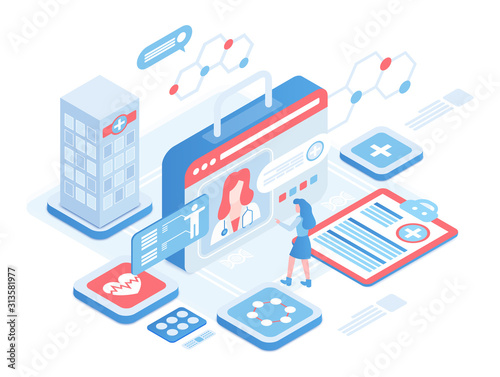 Online diagnosis isometric vector illustration. Female patient on professional consultation. Digital platform for healthcare. Telemedicine. Medical services cartoon conceptual design element