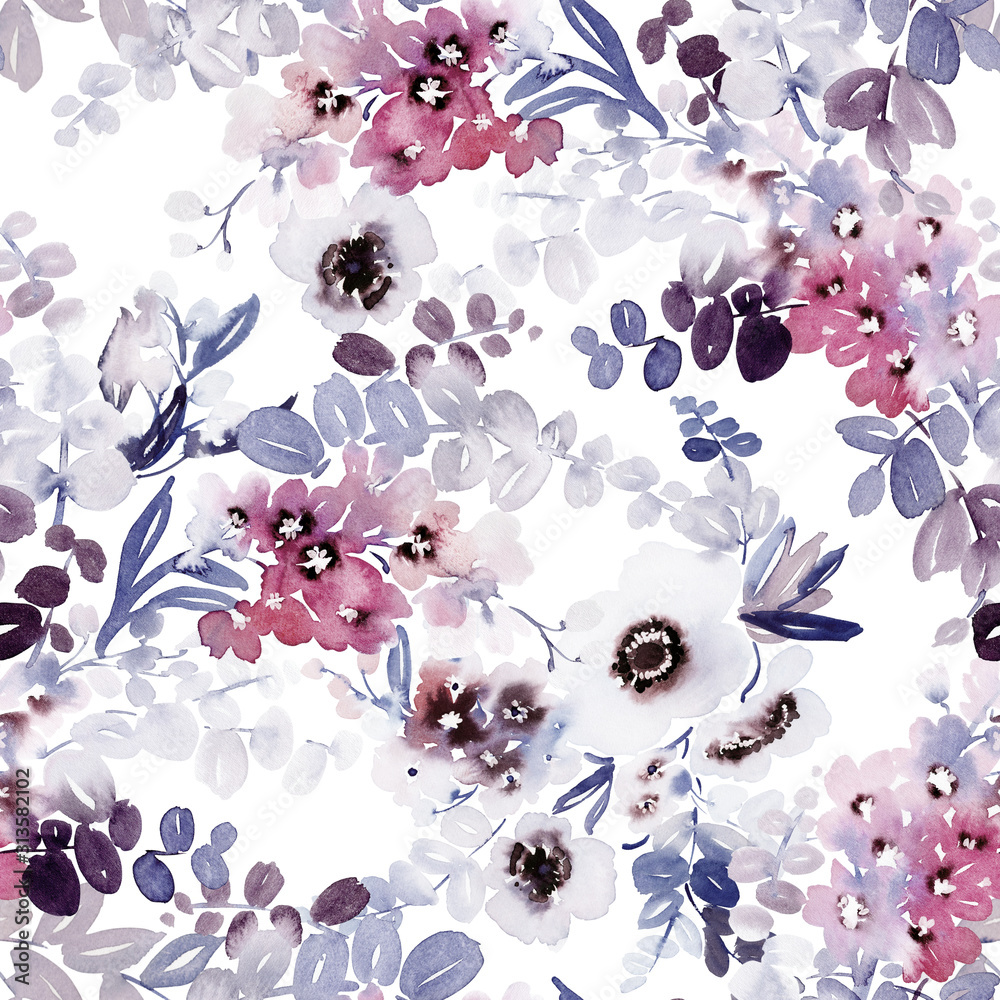 Seamless watercolor pattern with anemones and delicate spring flowers. - obrazy, fototapety, plakaty 