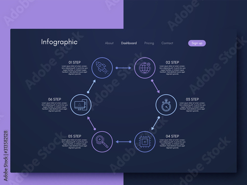 Vector graphics infographics with six options. Template for creating mobile applications, workflow layout, diagram, banner, web design, business reports with 6 steps
