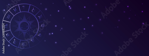  Blue, dark starry sky background, astrological circle with zodiac signs. Vector illustration of a night sky. Use to design a site with astrological forecasts and horoscopes. Template