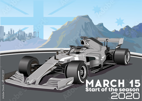 Racing car on the background of the Australian mountains and the metropolis.