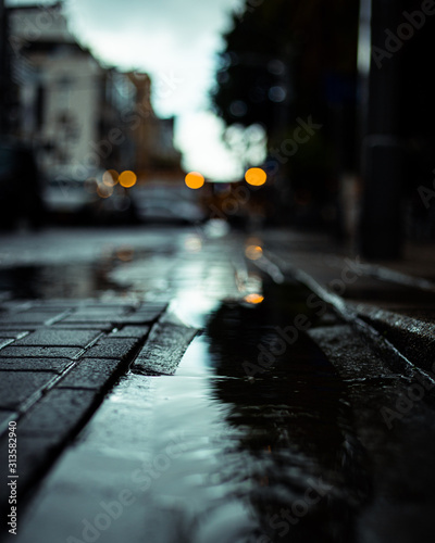 macro shot of rain and water stream on the street