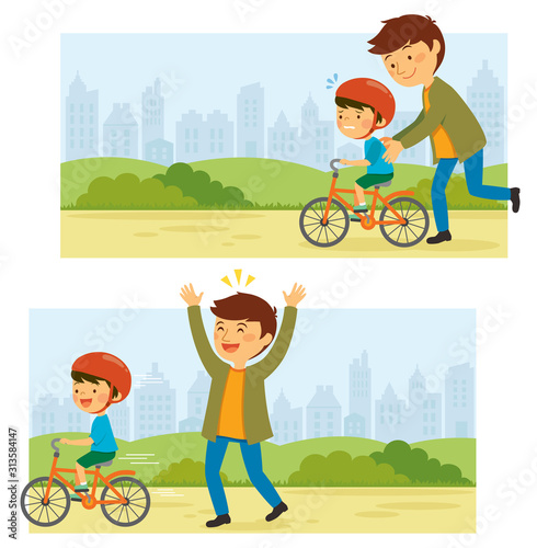 Father teaches his little kid to ride a bike in a park with cityscape at the background