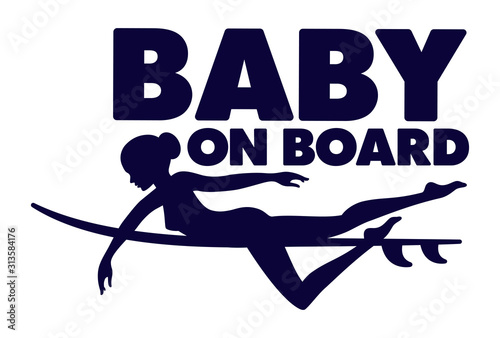 Vector black sticker Baby on board. Silhouette of a surfer. Isolated on white background.