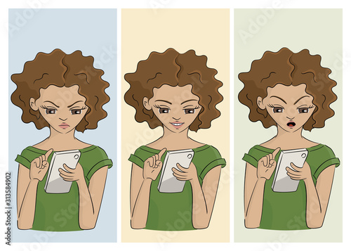 young woman with different expressions on her smartphone