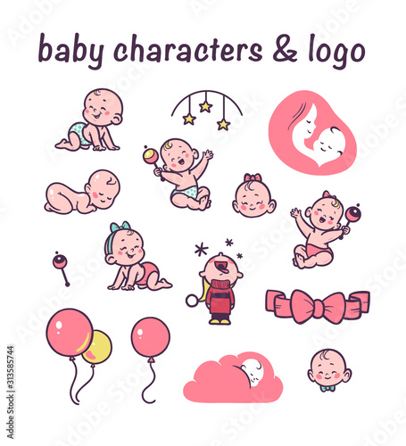 Collection of cute little boys and girls characters sitting, crawling, sleeping happy isolated on white background. Baby and mother care. Kid clack, bed mobile, air balloon. Vector flat illustration.