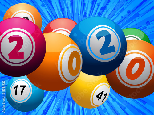 Twenty twenty bingo lottery balls on blue