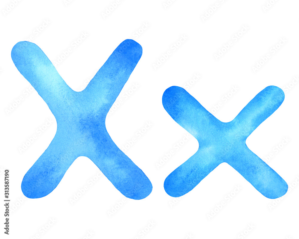 Obraz premium Monogram letter X made of watercolor. Classic blue hand drawn alphabet