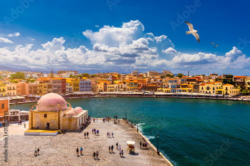 Obraz na plátně Mosque in the old Venetian harbor of Chania town on Crete island, Greece