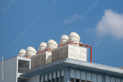  Detail of Chiller. Sets of cooling towers in data center building.
