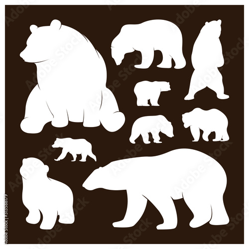 Collection of silhouette Bears. Vector logo. Wildlife. Wild Bear. Vector illustration.