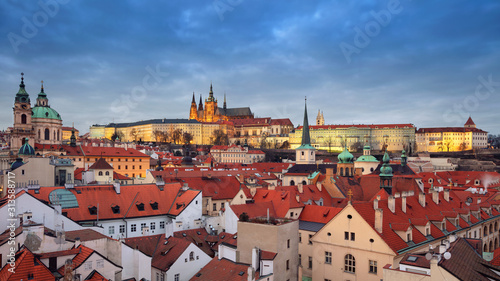 Prague, Czech Republic. Aerial cityscape image of Prague with famous Prague Castle during sunset.