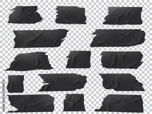 Realistic vector set of pieces of black adhesive tape of various lengths and shapes.