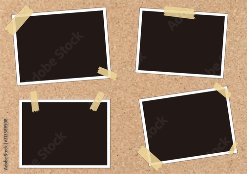 Polaroid retro photo frames template hanging on a cork board