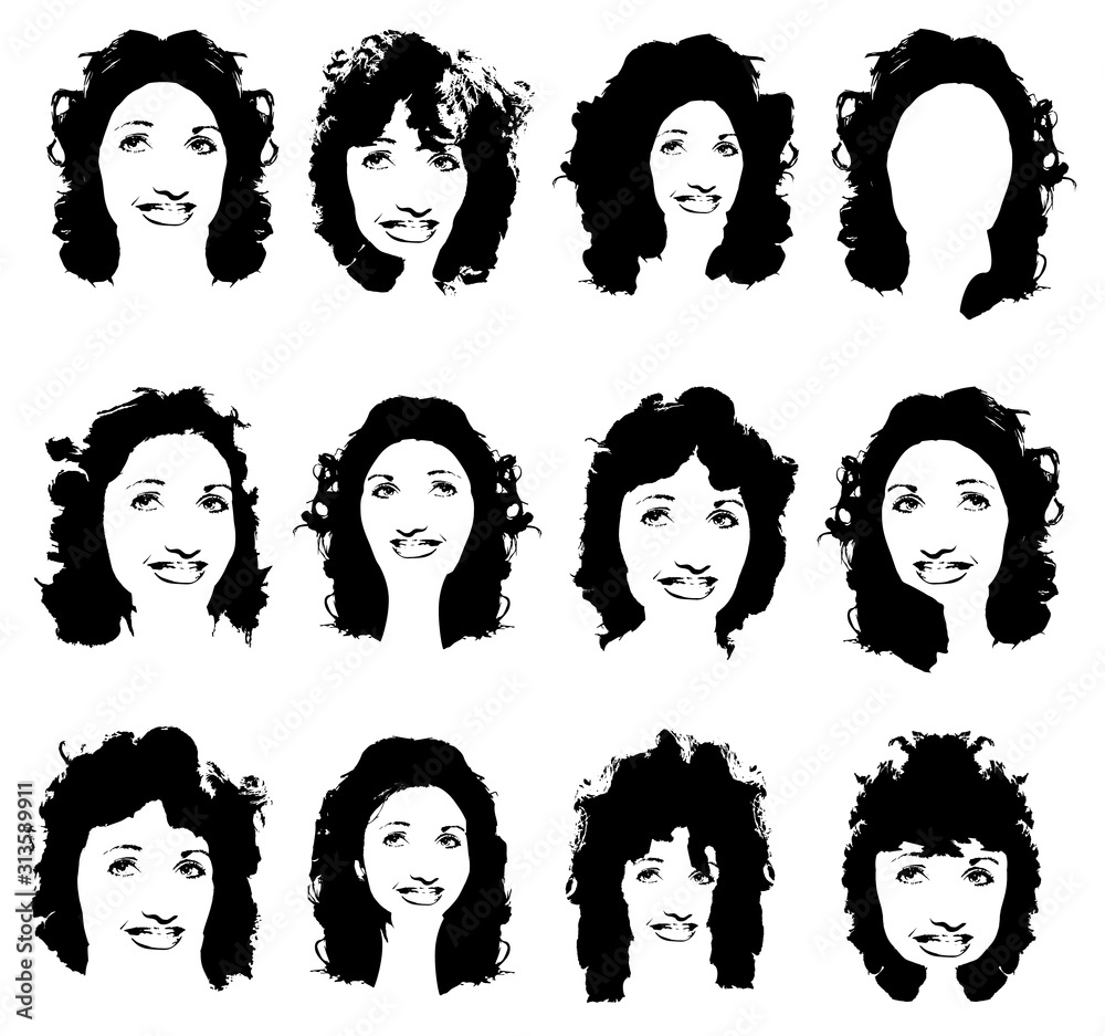 Black silhouette of a girl with curly hair. A set of templates hairstyles.  Long hair hairstyle silhouette. Portrait of a girl in full face. Vector  illustration on isolated background. Stock Vector |