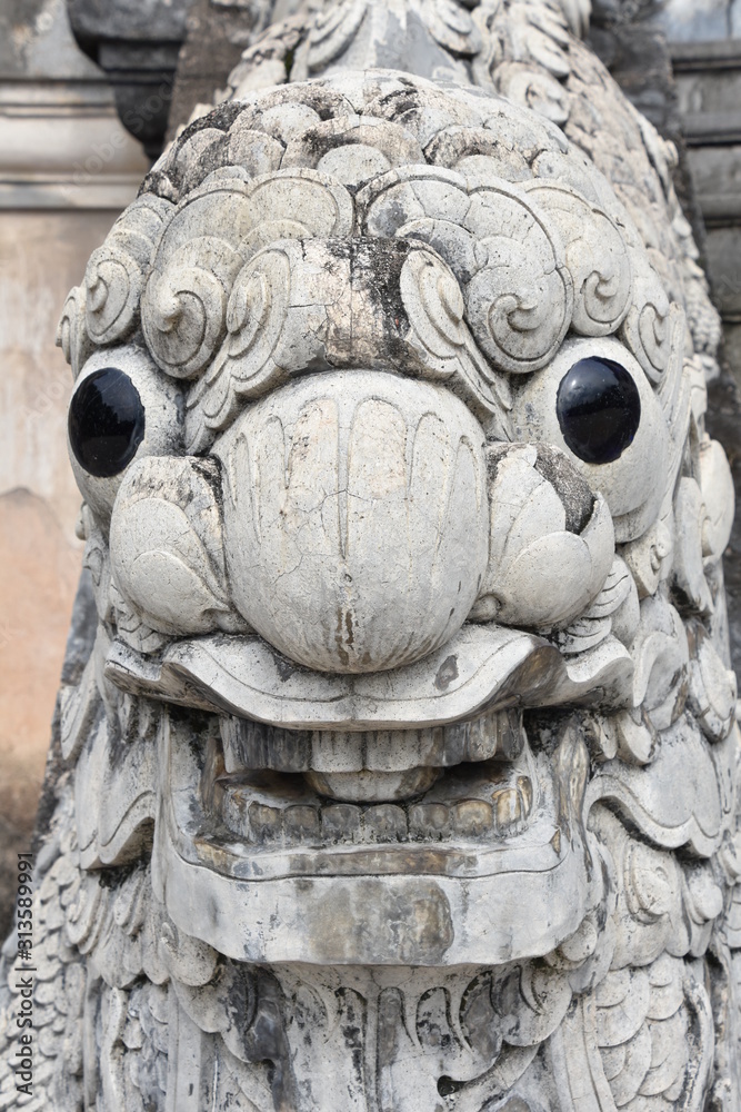 Fototapeta premium White Dragon with Black Eyes Railing Detail Close-up, Tomb of Khai Dinh, Vietnam