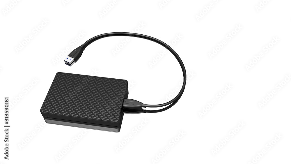 Portable external hard disk drive with USB cable on white background. Portable external hard disk drive with USB cable on white background.