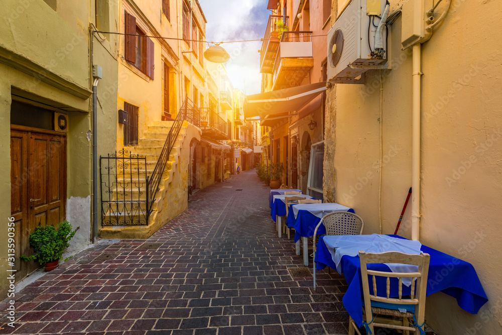 Street in the old town of Chania, Crete, Greece. Charming streets of Greek islands, Crete. Beautiful street in Chania, Crete island, Greece. Summer landscape. Chania old street of Crete island Greece. Street in the old town of Chania, Crete, Greece. Charming streets of Greek islands, Crete. Beautiful street in Chania, Crete island, Greece. Summer landscape. Chania old street of Crete island Greece.