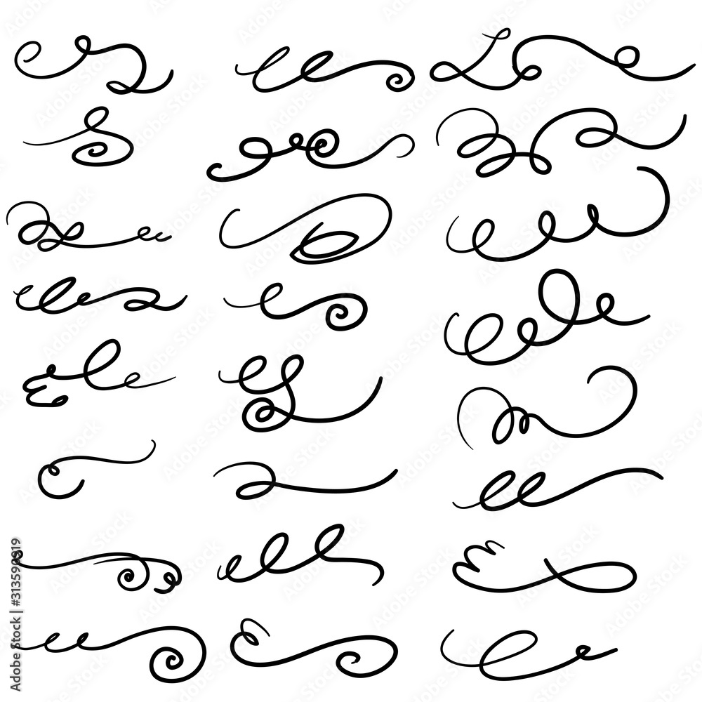 hand drawn Vector dividers, flourishes, swirls, curls and scrolls set for wedding invitation, romantic gift card