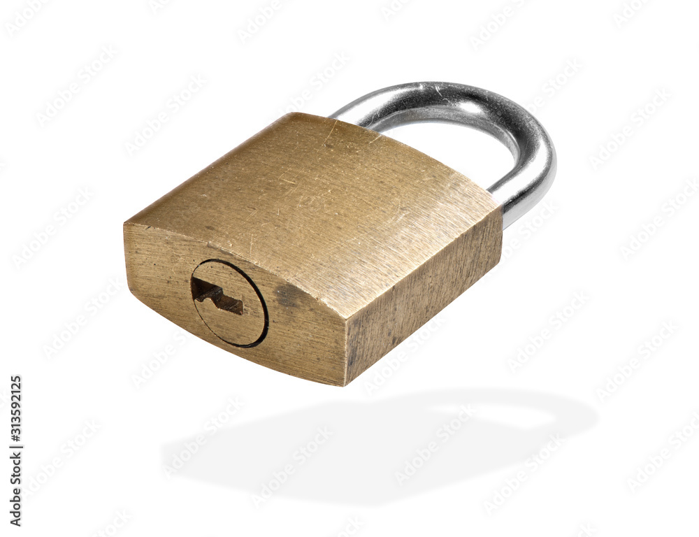 Locked Old Golden Padlock isolated on white Locked Old Golden Padlock isolated on white