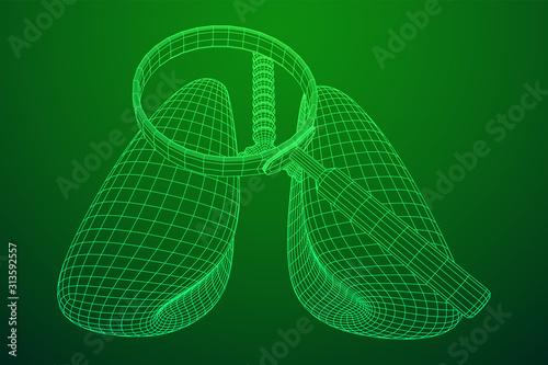 Lungs with trachea bronchi internal organ human with magnifying glass. Pulmonology medicine science analysis concept. Wireframe low poly mesh vector illustration