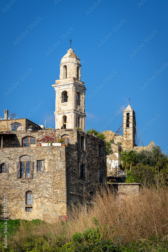 Bussana, Imperia, Italy - 01 05 19. Bell towers of the church of S. Egidio miraculously escaped the earthquake. The bell tower is the symbol of the artistic village.