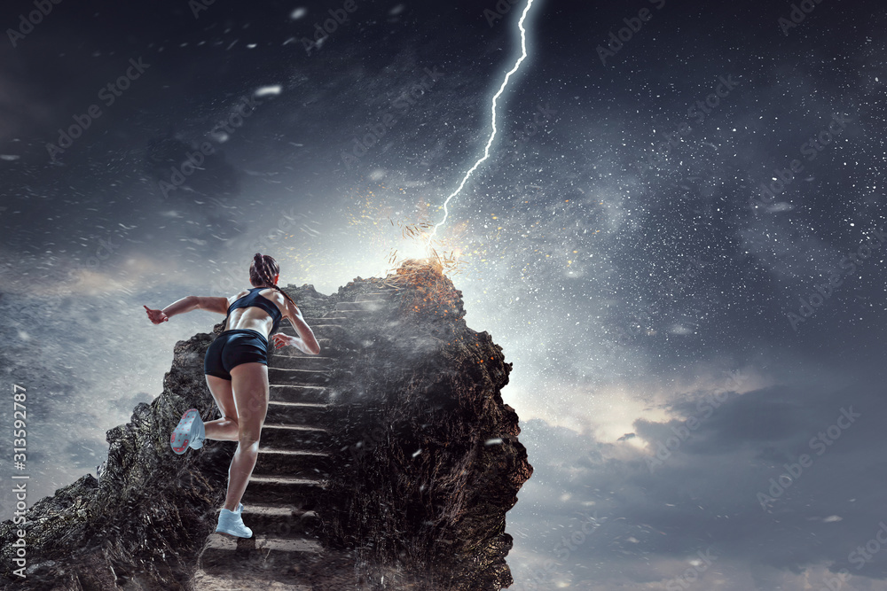 Fototapeta premium Sportswoman run race. Mixed media