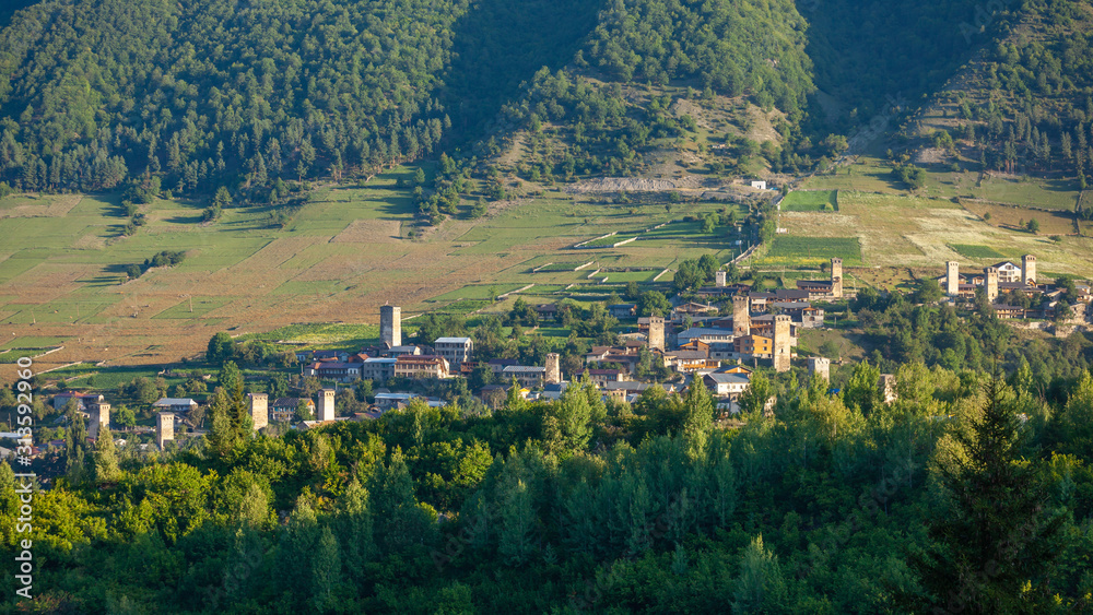 Areal view of beautiful old village Mestia with its Svan Towers. Georgia.