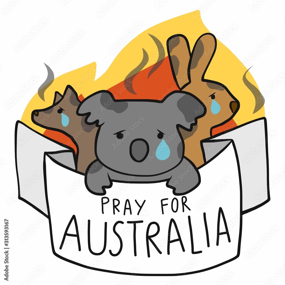 Pray for Australia koala and kangaroo and wolf cartoon vector illustration  Stock Vector | Adobe Stock