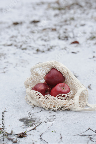 apple string bag still-life red fruit photo