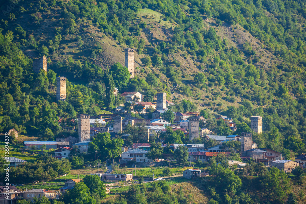 Areal view of beautiful old village Mestia with its Svan Towers. Georgia.