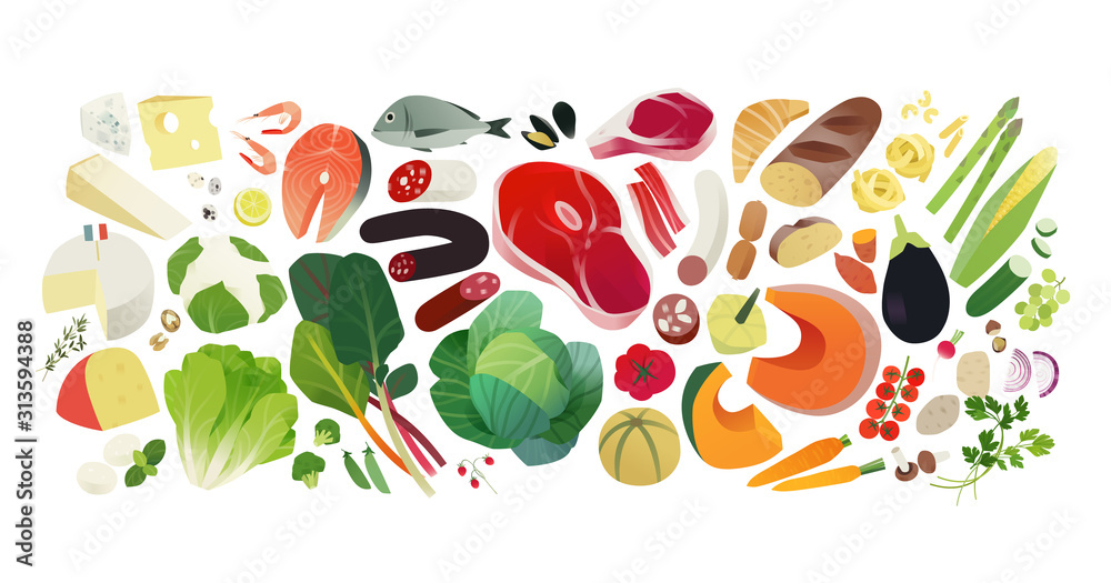 Balanced diet, groceries background, healthy eating concept Balanced diet, groceries background, healthy eating concept