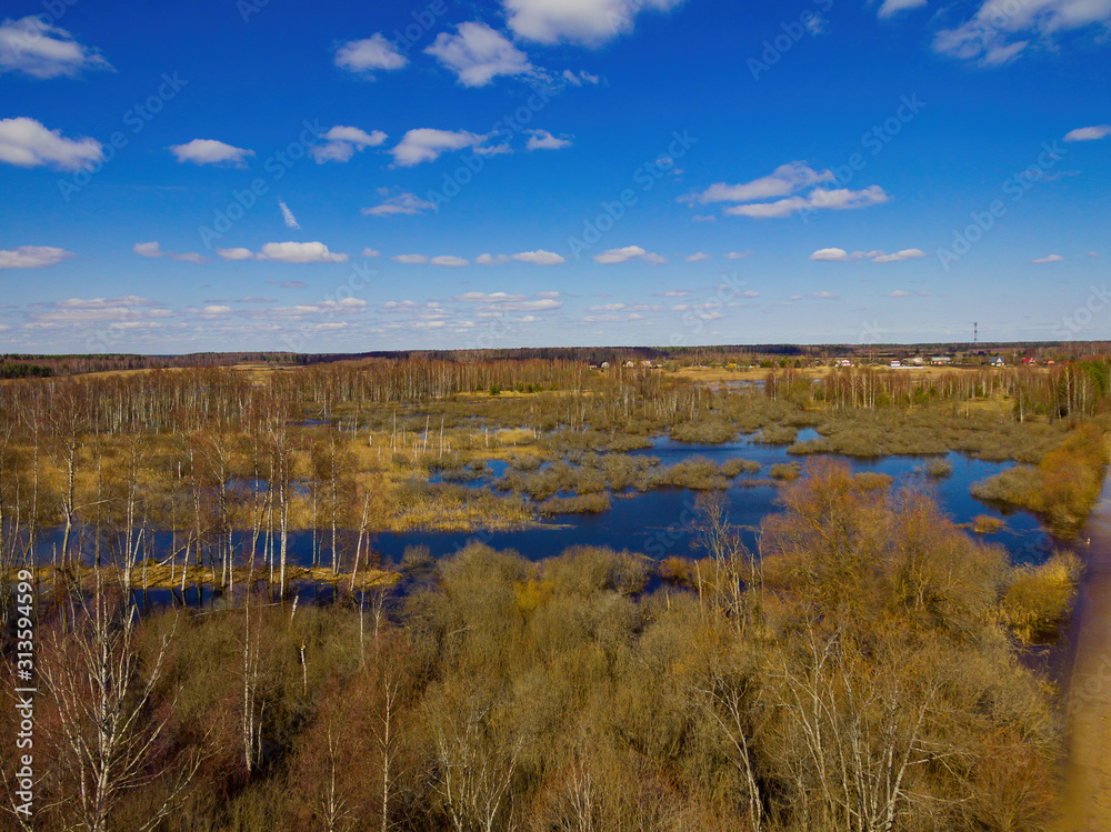 Spring flood on the river near the village from a bird's eye view.