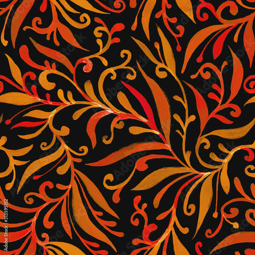 Watercolor red orange seamless pattern on a black background, curls, flowing lines, elegant print. Design for wallpaper, fabric, textile, packaging, wedding design. Vintage art, folk painting.
