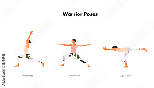Yoga. Three Warrior poses. Woman's health. Yoga asanas. Vector cartoon illustration. 